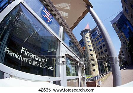 Stock Photography - Low angle view of office building, Frankfurt, Hesse, Germany . Fotosearch
