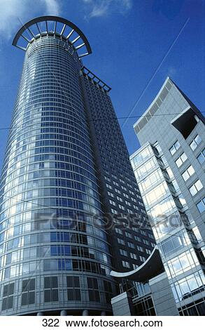 Stock Image - Low angle view of skyscrapers, DG Bank, Tower Block, Westendstrasse, Frankfurt, Hessen, Germany . Fotosearch
