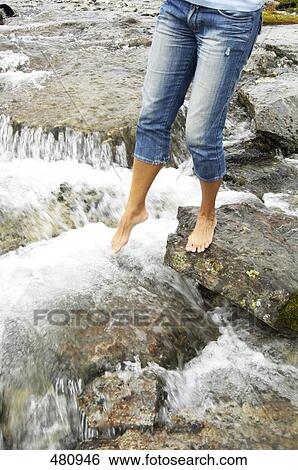 Low section view of woman standing on rock in river View Large Photo Image Stock Photograph - Low section view of woman standing on rock in river . Fotosearch