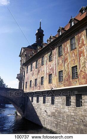 Stock Photo - Mural on wall of building at waterfront, River Regnitz, Bamberg, Bavaria, Germany . Fotosearch