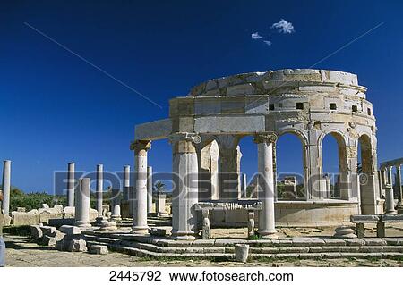 Stock Image - Old ruins of temple, Leptis Magna, Libya . Fotosearch