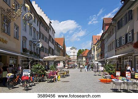 Stock Photograph - Pedestrian area and Ravensburg Gate, Wangen im Allgaeu, Baden-Wuerttemberg, Germany, Europe . Fotosearch