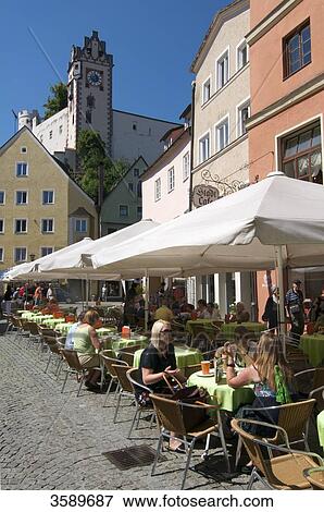 Stock Photo - Pedestrian zone and Hohes Schloss, Fuessen, Bavaria, Germany, Europe . Fotosearch