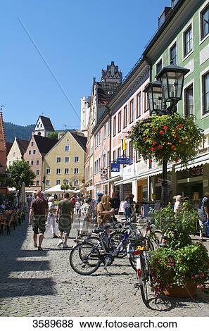 Stock Photo - Pedestrian zone with Abbey Saint Mang and Hohes Schloss, Fuessen, Bavaria, Germany, Europe . Fotosearch