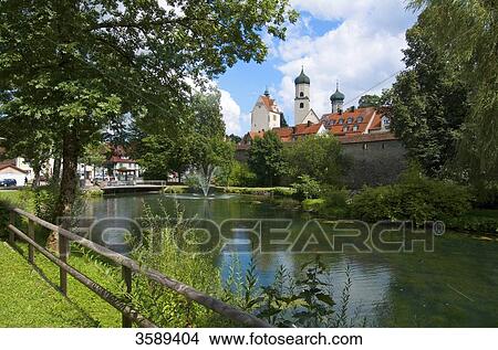 Picture - Pond at city wall, Isny im Allgaeu, Baden-Wuerttemberg, Germany, Europe . Fotosearch