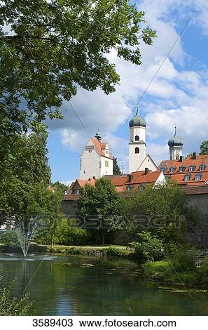 Stock Image - Pond at city wall, Isny im Allgaeu, Baden-Wuerttemberg, Germany, Europe . Fotosearch