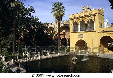 Pond in front of palace, Alcazar Palace, Seville, Andalusia, Spain View Large Photo Image Stock Image - Pond in front of palace, Alcazar Palace, Seville, Andalusia, Spain . Fotosearch