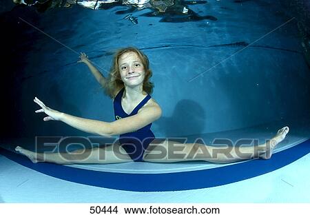 Picture - Portrait of girl exercising underwater . Fotosearch