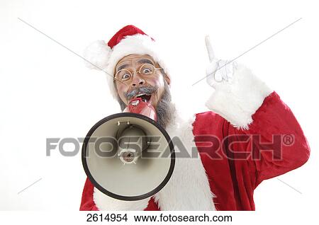 Picture - Portrait of senior man in santa costume speaking on megaphone . Fotosearch