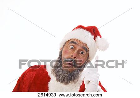 Stock Photo - Portrait of senior man in santa costume threatening by showing finger . Fotosearch