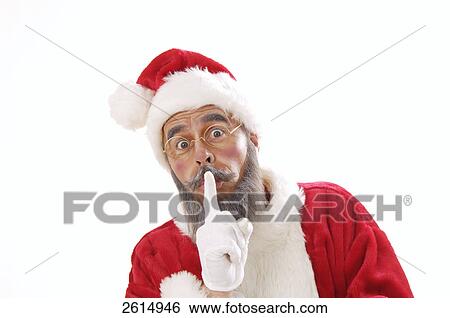 Portrait of senior man in santa costume with finger on his lips View Large Photo Image Stock Photograph - Portrait of senior man in santa costume with finger on his lips . Fotosearch