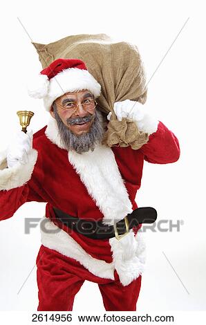 Portrait of senior man in santa costume carrying baggage and ringing bell  View Large Photo Image Stock Photograph - Portrait of senior man in santa costume carrying baggage and ringing bell . Fotosearch
