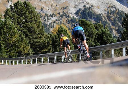 Rear view of two mountain bikers cycling on country road, Dolomites, Italy View Large Photo Image Stock Photography - Rear view of two mountain bikers cycling on country road, Dolomites, Italy . Fotosearch