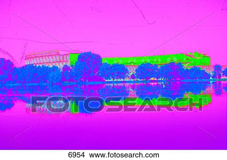 Picture - Reflection of building in water, Dutzendteich, Kongresshalle, Nuremberg, Bavaria, Germany . Fotosearch