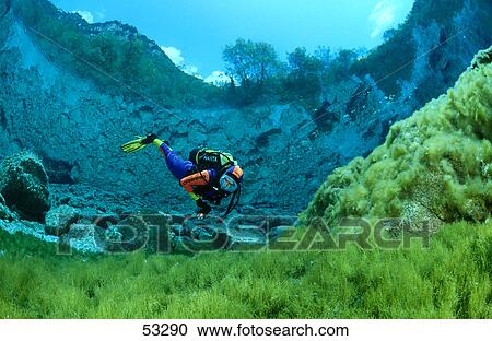 Stock Image - Scuba diver swimming underwater, Italy . Fotosearch