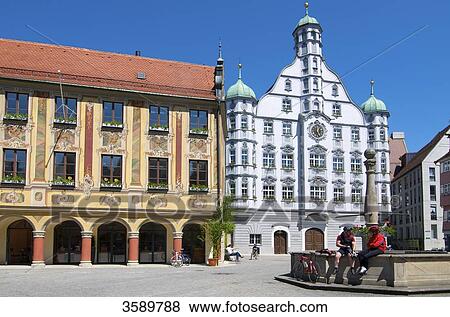 Stock Photo - Steuerhaus and town hall, Memmingen, Bavaria, Germany, Europe . Fotosearch