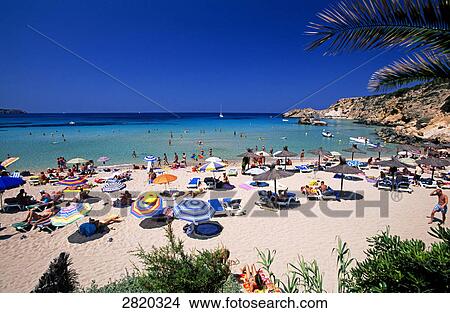 Picture - Tourists on beach, Cala Tarida Beach, Ibiza, Balearic Islands, Spain . Fotosearch