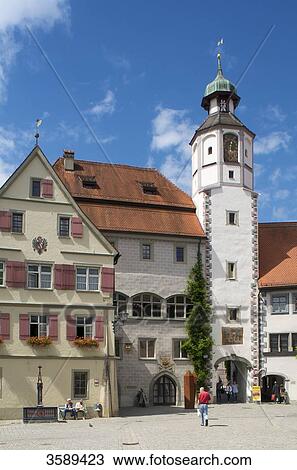 Stock Image - Town hall tower, Wangen im Allgaeu, Baden-Wuerttemberg, Germany, Europe . Fotosearch