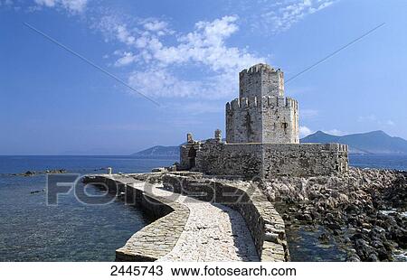Stock Image - Venetian fortress at coast, Methoni, Peloponnese, Greece . Fotosearch