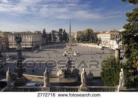 Aerial view of people at town square, Latium, Piazza Del Popolo, Rome, Italy View Large Photo Image Stock Photograph - Aerial view of people at town square, Latium, Piazza Del Popolo, Rome, Italy . Fotosearch