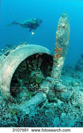 Stock Image - Airplane wreck and scuba diver, Papua New Guinea, Pacific Ocean . Fotosearch