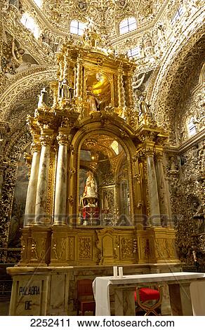 Stock Image - Altar inside cathedral, Capilla del Rosario, Santo Domingo Church, Puebla, Mexico . Fotosearch