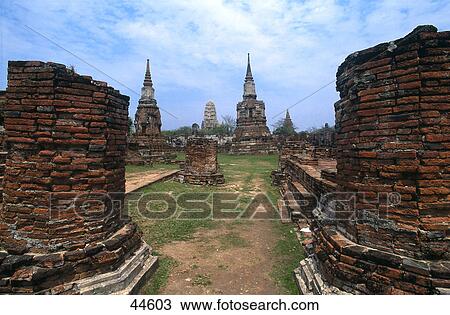 Stock Image - Ancient stupas on landscape, Wat Mahathat, Ayutthaya, Thailand . Fotosearch