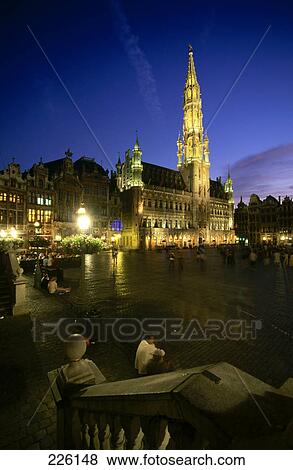 Stock Photo - Buildings lit up at night, Grand Palace, Brussels, Belgium . Fotosearch