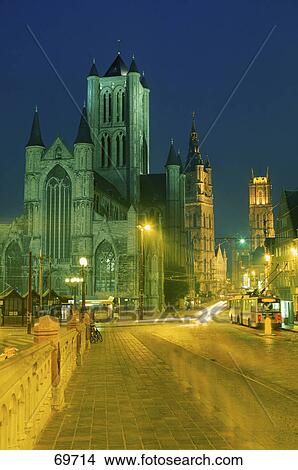 Cathedrals lit up at night, Saint-Nicholas Church, Saint Bavo Cathedral, Ghent, Belgium View Large Photo Image Picture - Cathedrals lit up at night, Saint-Nicholas Church, Saint Bavo Cathedral, Ghent, Belgium . Fotosearch