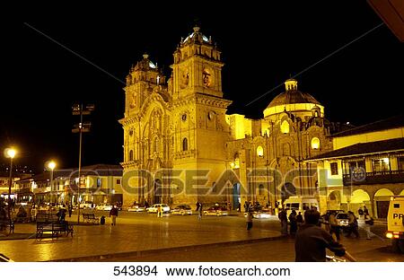 Church lit up at night, Iglesia La Compania De Jesus, Plaza-De-Armas, Cuzco, Cusco Region, Peru View Large Photo Image Picture - Church lit up at night, Iglesia La Compania De Jesus, Plaza-De-Armas, Cuzco, Cusco Region, Peru . Fotosearch