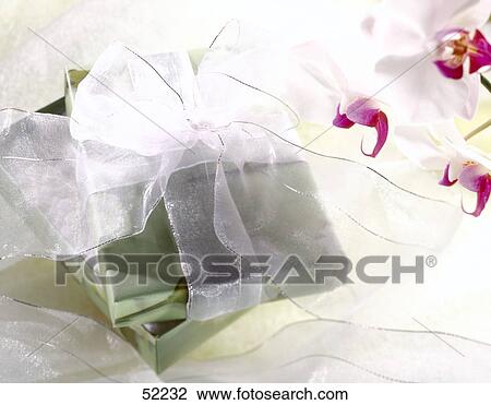 Close-up of box of present with white ribbon View Large Photo Image Stock Image - Close-up of box of present with white ribbon . Fotosearch