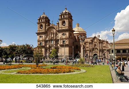 Stock Photography - Formal garden in front of church, Iglesia La Compania De Jesus, Cuzco, Cusco Region, Peru . Fotosearch