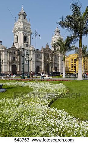 Stock Image - Garden in front of cathedral, Plaza-De-Armas, Lima, Lima Province, Lima Region, Peru . Fotosearch