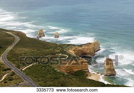 Stock Image - Great Ocean Road, Port Campbell National Park, Australia, bird's eye view . Fotosearch