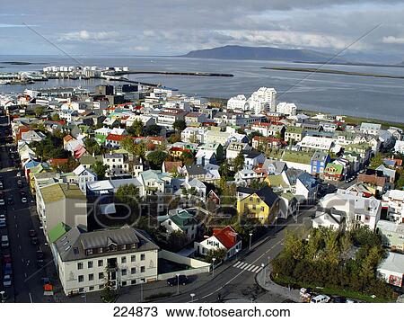 Stock Image - High angle view of a city, Reykjavyk, Iceland . Fotosearch
