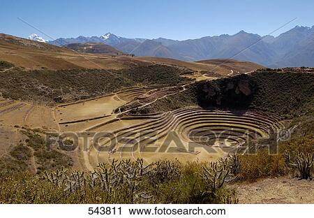 Stock Image - High angle view of old ruins of terraced fields, Inca Ruins, Moray, Cusco Region, Peru . Fotosearch