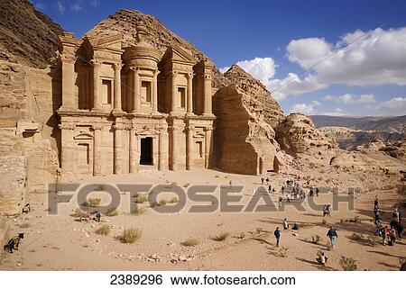 High angle view of tourists in front of monastery, Petra, Wadi Musa, Jordan View Large Photo Image Stock Photograph - High angle view of tourists in front of monastery, Petra, Wadi Musa, Jordan . Fotosearch
