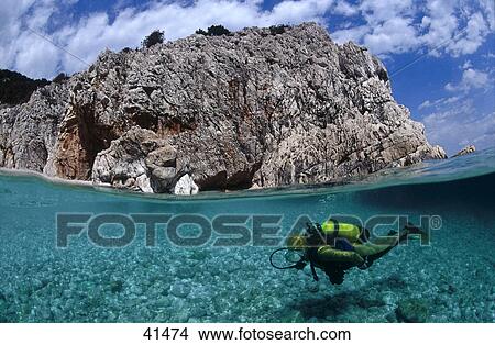 Picture - Man snorkeling in ocean, Croatia . Fotosearch