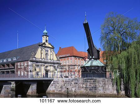 Old crane near bridge, Lunenburg, Germany View Large Photo Image Stock Photo - Old crane near bridge, Lunenburg, Germany . Fotosearch