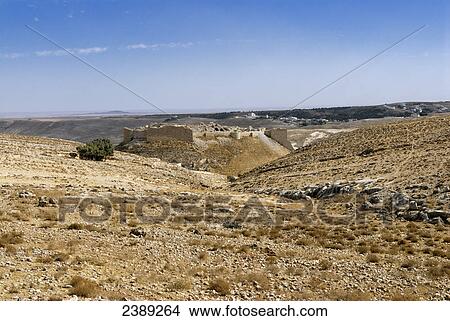 Old ruins of castle on hill, Jordan View Large Photo Image Picture - Old ruins of castle on hill, Jordan . Fotosearch