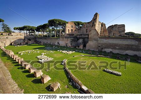 Stock Photo - Old ruins of castle, Stadium of Domitian, Palatine Hill, Rome, Latium, Italy . Fotosearch