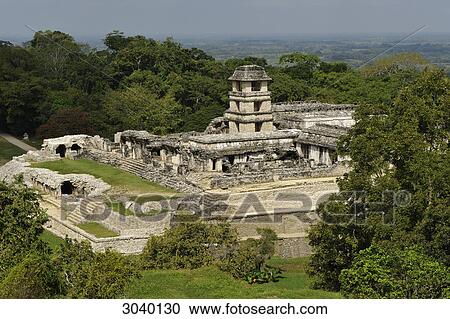 Stock Image - Ruin of a Maya palace at Palenque, Chiapas, Mexico, elevated view . Fotosearch