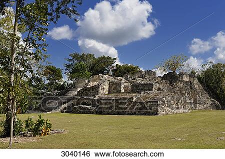 Stock Photograph - Temple ruin at the Maya excavation site of Kohunlich, Quintana Roo, Mexico . Fotosearch