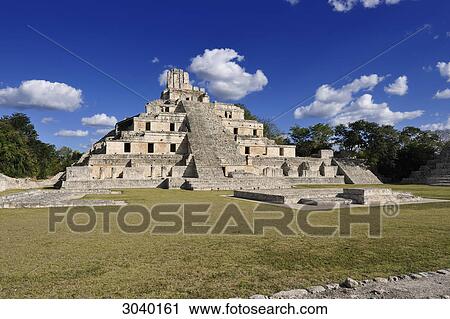 Stock Image - The Five-Storeyed Building (Edificio de los Cinco Pisos) at the Maya ruin site of Edzna, Yucatan, Mexico . Fotosearch
