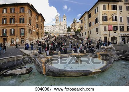 The Fountain of the Old Boat (Fontana della Barcaccia) in front of the Spanish Steps, Rome, Italy View Large Photo Image Stock Photo - The Fountain of the Old Boat (Fontana della Barcaccia) in front of the Spanish Steps, Rome, Italy . Fotosearch