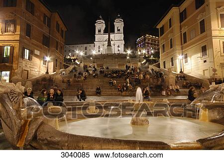 The Fountain of the Old Boat (Fontana della Barcaccia) in front of the Spanish Steps at night, Rome, Italy View Large Photo Image Stock Photography - The Fountain of the Old Boat (Fontana della Barcaccia) in front of the Spanish Steps at night, Rome, Italy . Fotosearch
