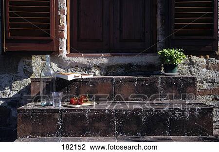 Tomatoes with glass and bottle of water on steps View Large Photo Image Stock Image - Tomatoes with glass and bottle of water on steps . Fotosearch