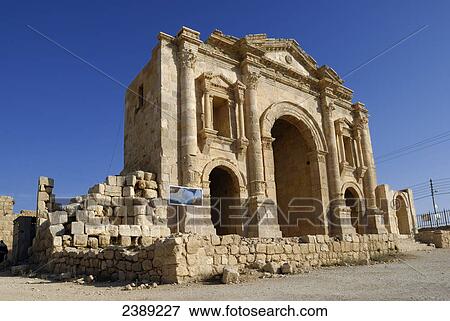Triumphal arch in ancient roman city, Hadrian's Arch, Jarash, Jordan View Large Photo Image Stock Photo - Triumphal arch in ancient roman city, Hadrian's Arch, Jarash, Jordan . Fotosearch