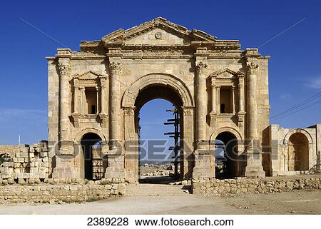 Triumphal arch in ancient roman city, Hadrian's Arch, Jarash, Jordan View Large Photo Image Stock Photo - Triumphal arch in ancient roman city, Hadrian's Arch, Jarash, Jordan . Fotosearch