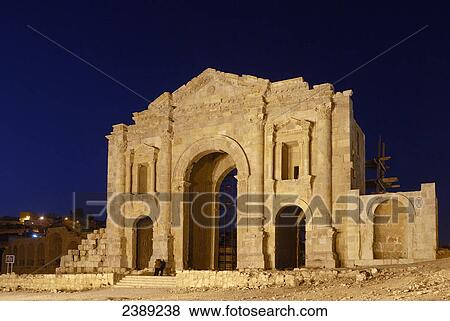 Triumphal arch in ancient roman city, Hadrian's Arch, Jarash, Jordan View Large Photo Image Stock Photo - Triumphal arch in ancient roman city, Hadrian's Arch, Jarash, Jordan . Fotosearch